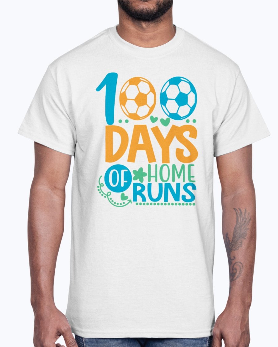 100 Days Of Home Runs Cotton Tee in various colors, showcasing its unisex design and comfortable fit.