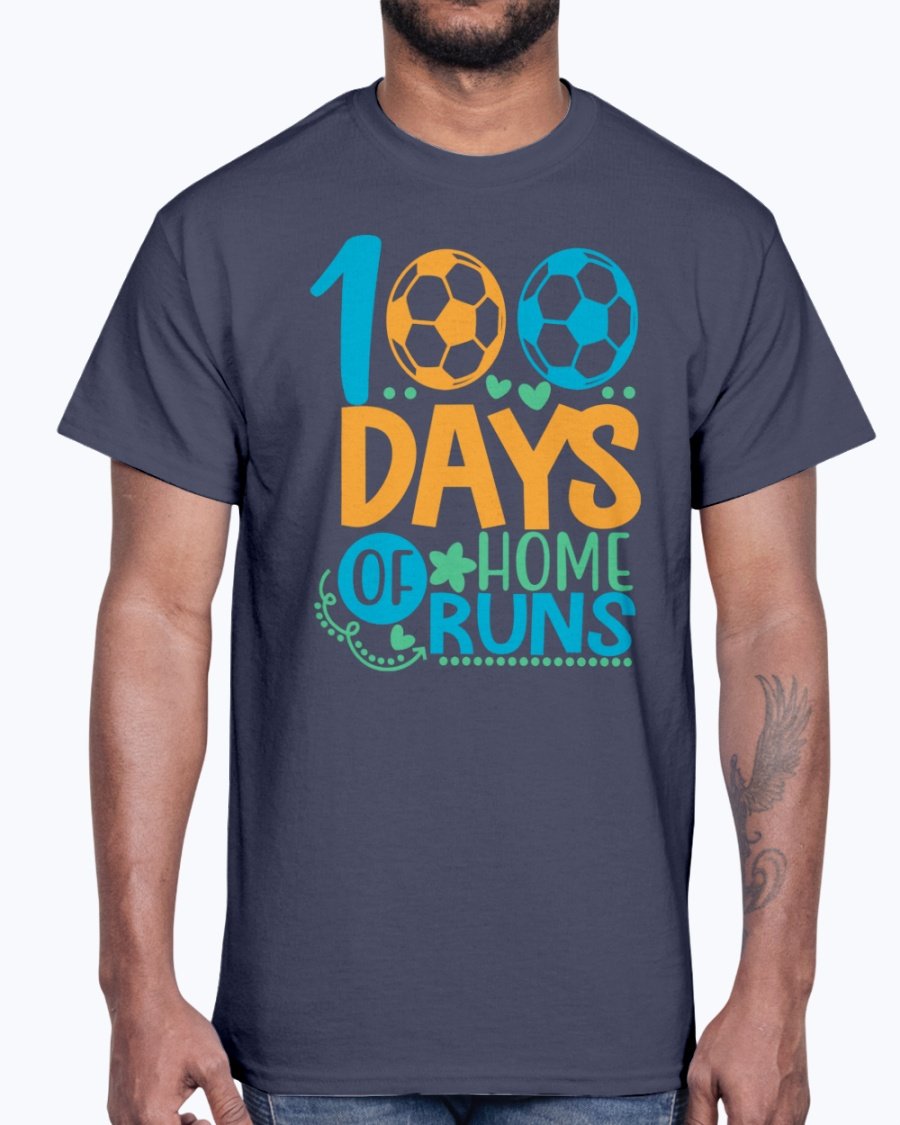 100 Days Of Home Runs Cotton Tee in various colors, showcasing its unisex design and comfortable fit.