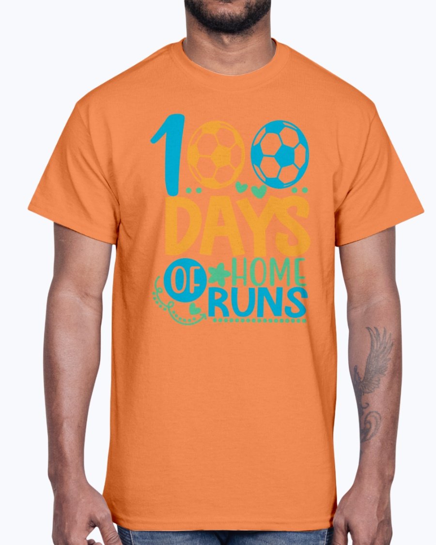 100 Days Of Home Runs Cotton Tee in various colors, showcasing its unisex design and comfortable fit.