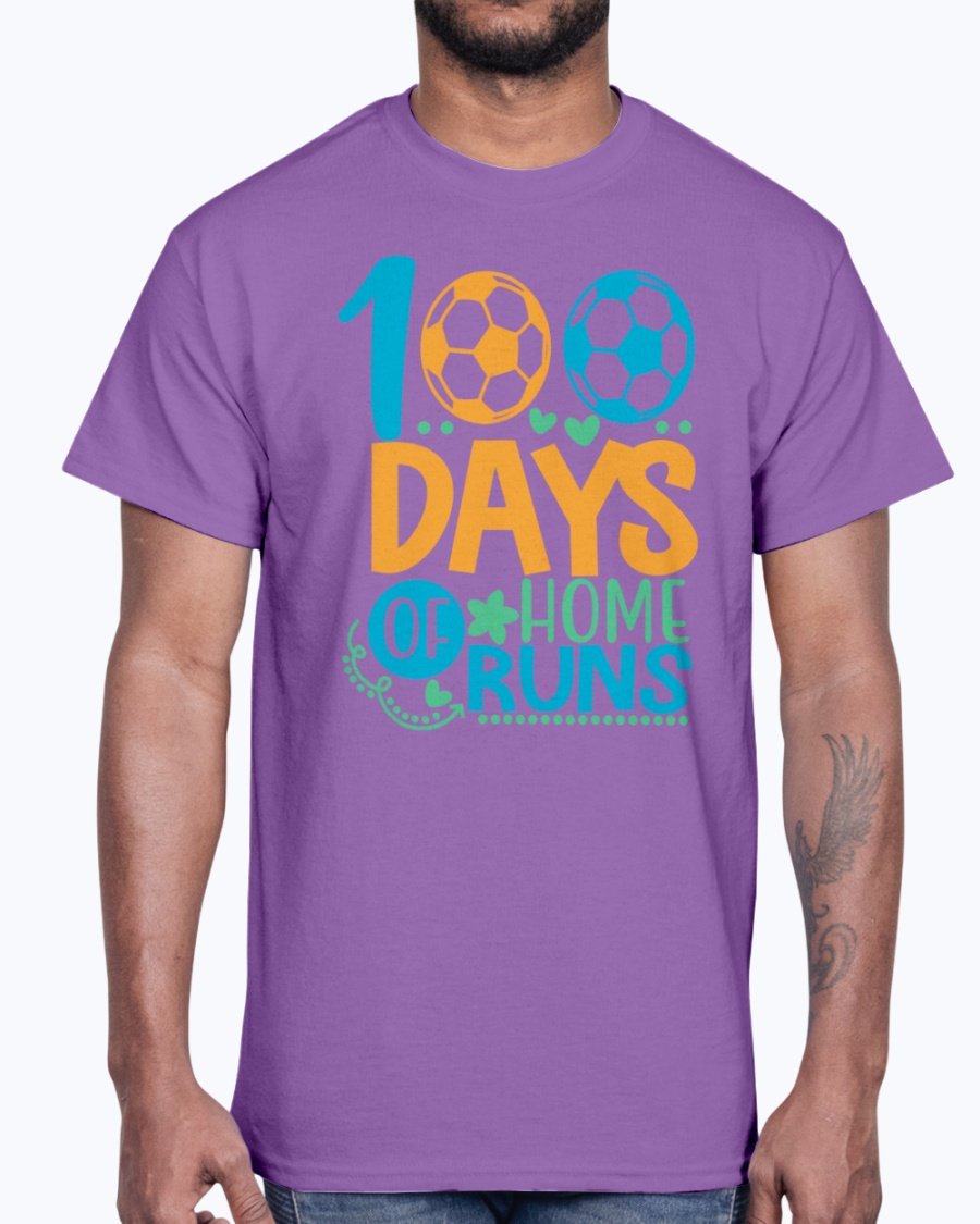 100 Days Of Home Runs Cotton Tee in various colors, showcasing its unisex design and comfortable fit.