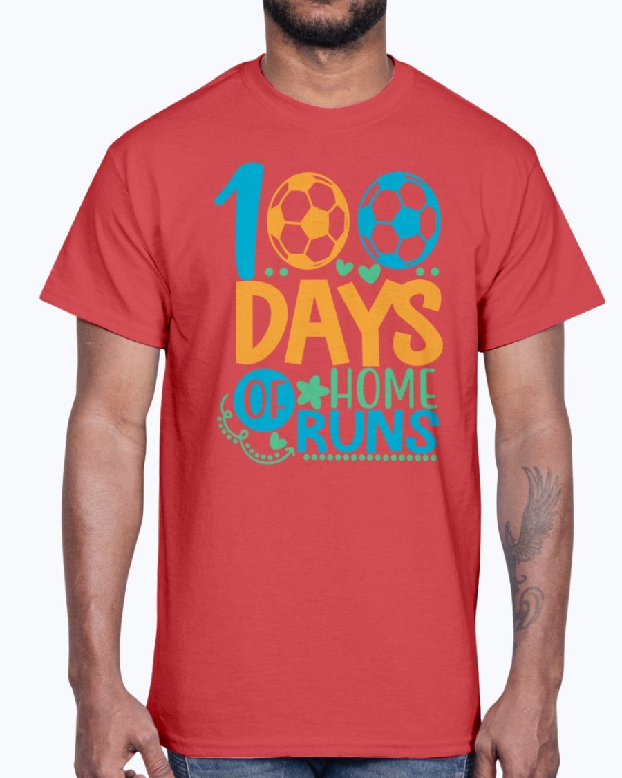 100 Days Of Home Runs Cotton Tee in various colors, showcasing its unisex design and comfortable fit.