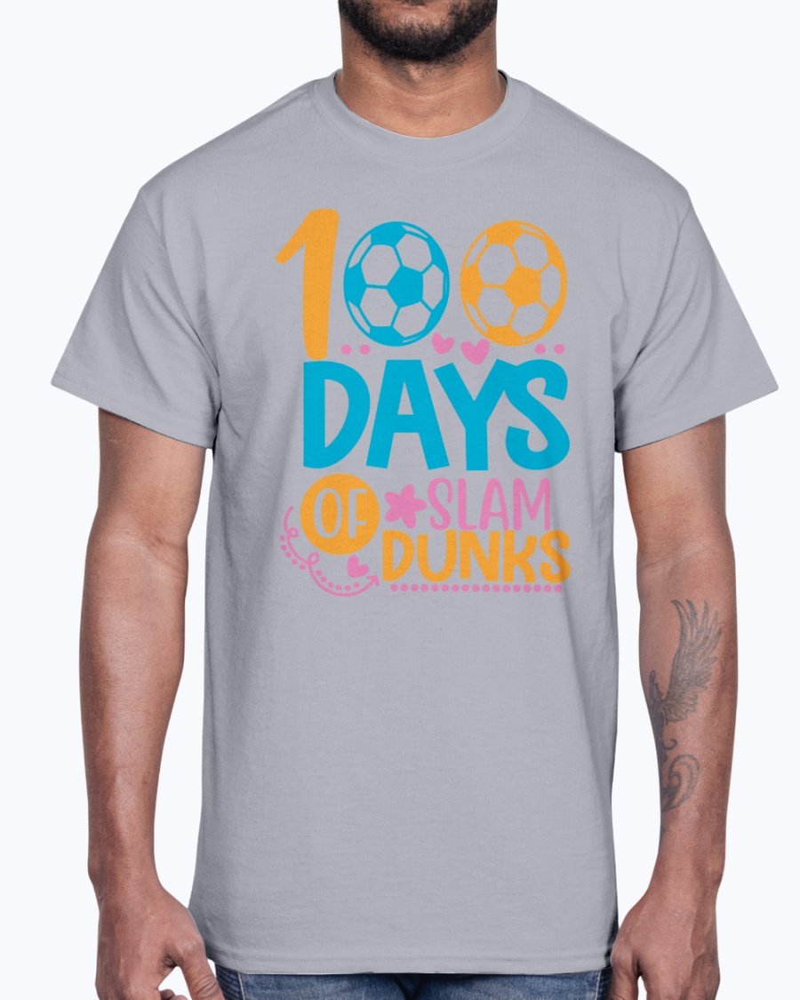 A stylish unisex cotton tee featuring the design '100 Days of Slam Dunks' suitable for school and casual wear.