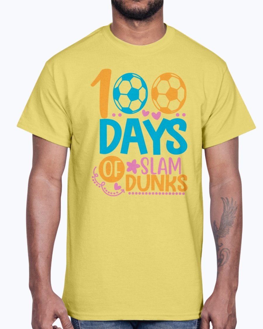 A stylish unisex cotton tee featuring the design '100 Days of Slam Dunks' suitable for school and casual wear.