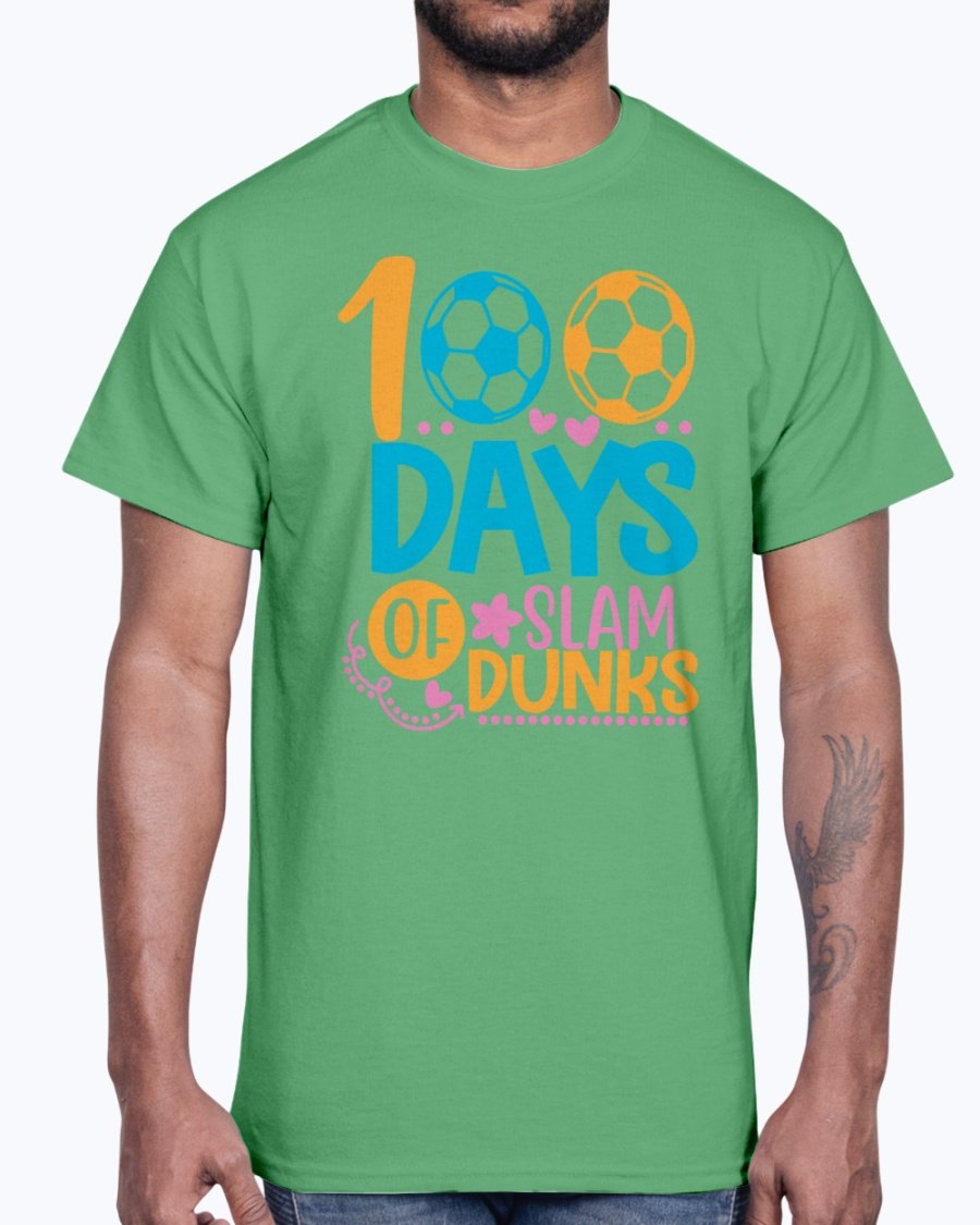 A stylish unisex cotton tee featuring the design '100 Days of Slam Dunks' suitable for school and casual wear.