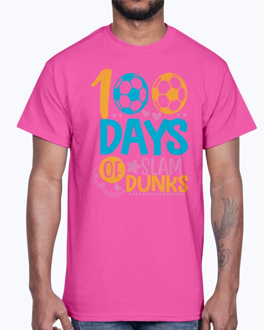 A stylish unisex cotton tee featuring the design '100 Days of Slam Dunks' suitable for school and casual wear.