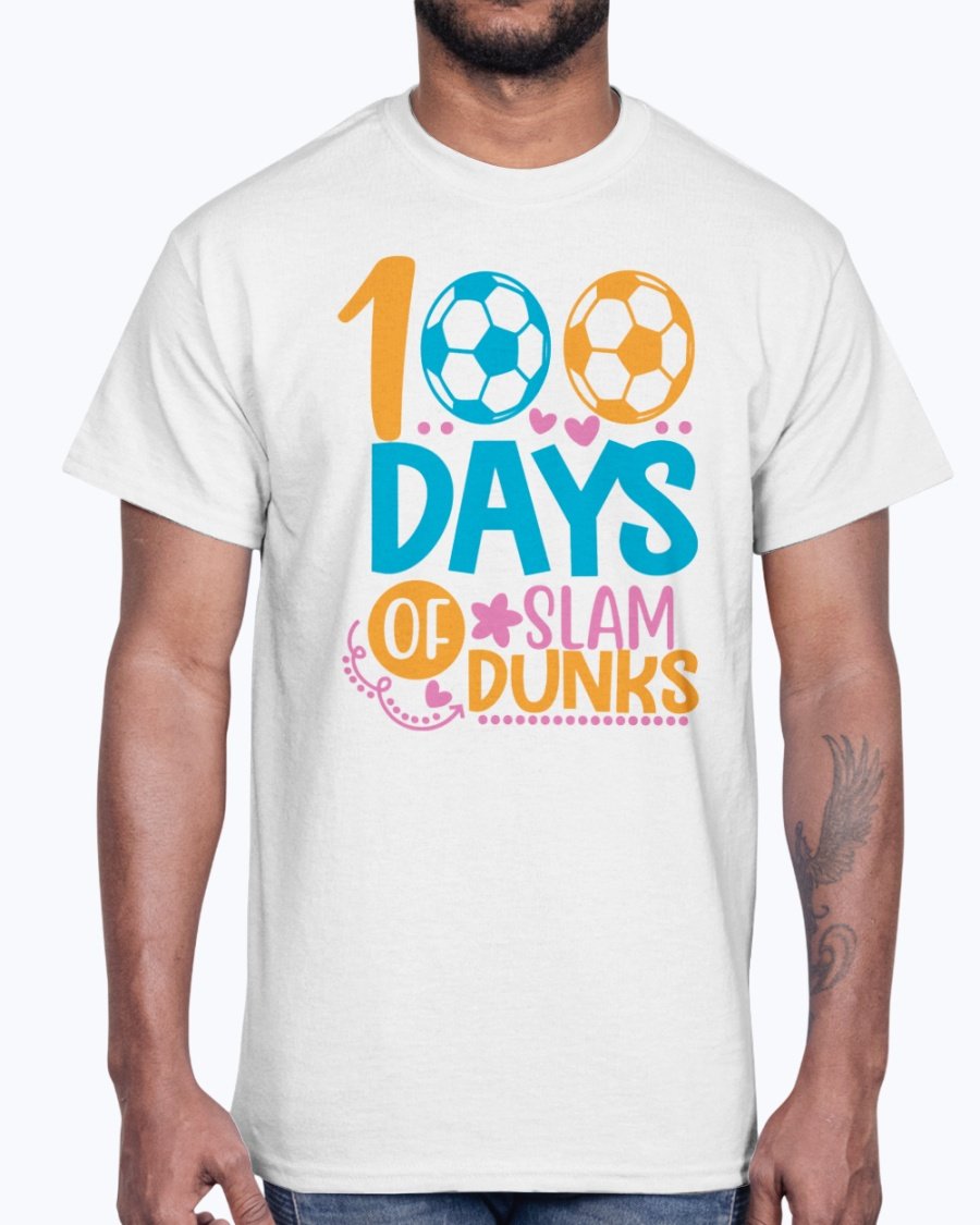 A stylish unisex cotton tee featuring the design '100 Days of Slam Dunks' suitable for school and casual wear.