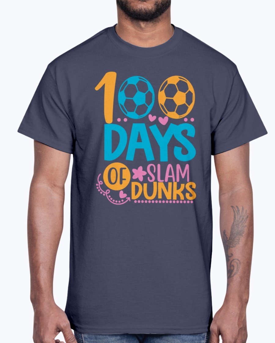 A stylish unisex cotton tee featuring the design '100 Days of Slam Dunks' suitable for school and casual wear.