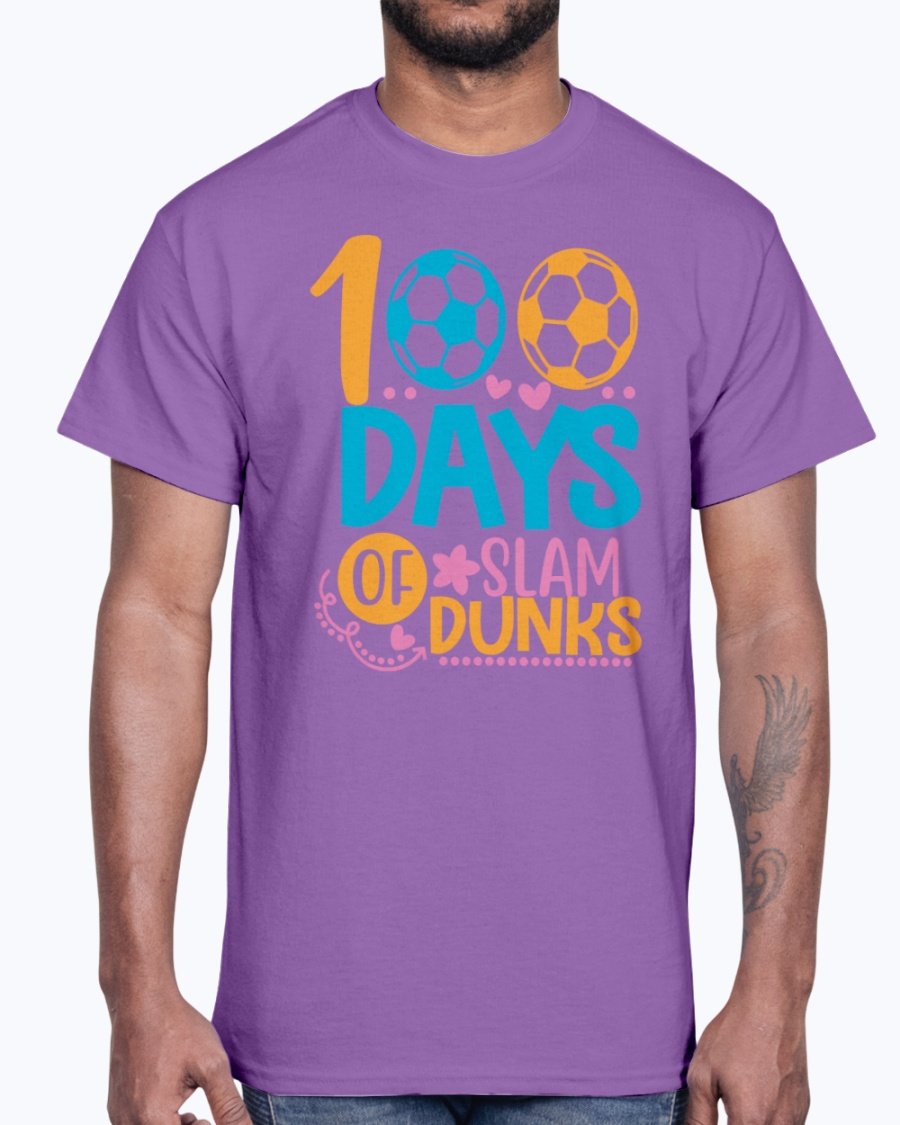 A stylish unisex cotton tee featuring the design '100 Days of Slam Dunks' suitable for school and casual wear.