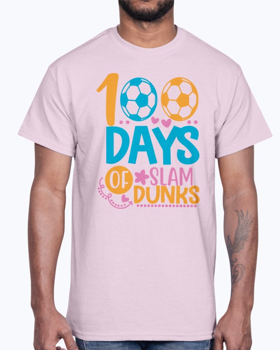 A stylish unisex cotton tee featuring the design '100 Days of Slam Dunks' suitable for school and casual wear.