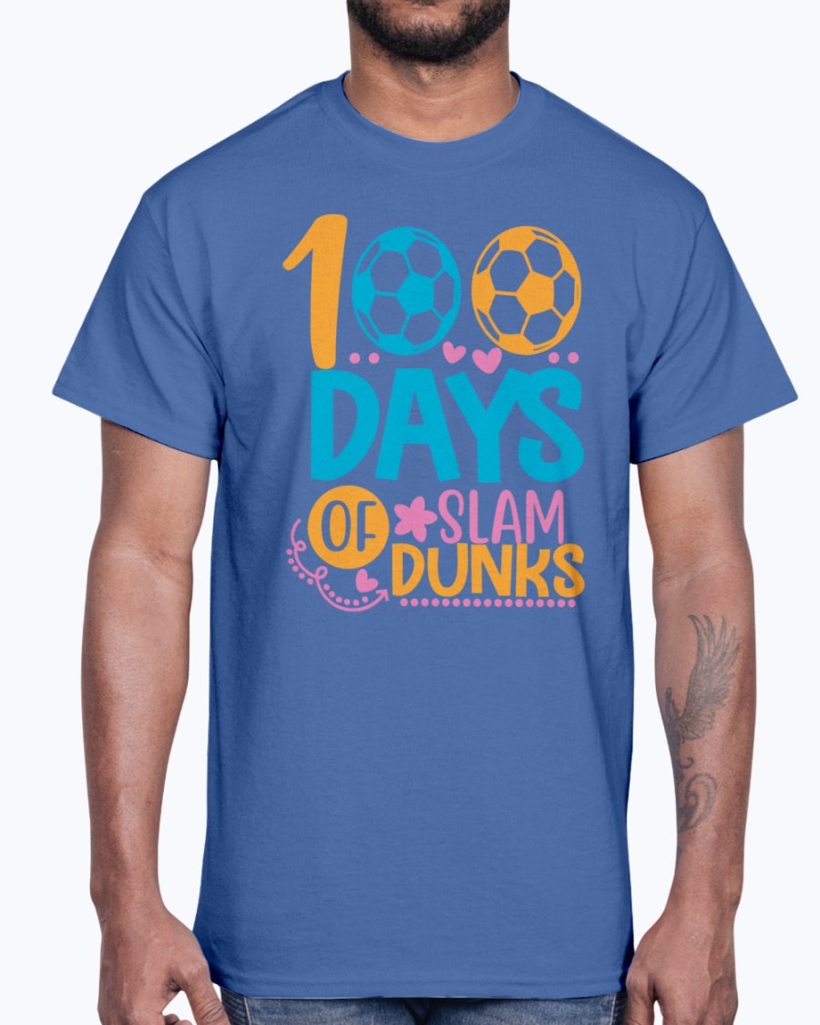 A stylish unisex cotton tee featuring the design '100 Days of Slam Dunks' suitable for school and casual wear.