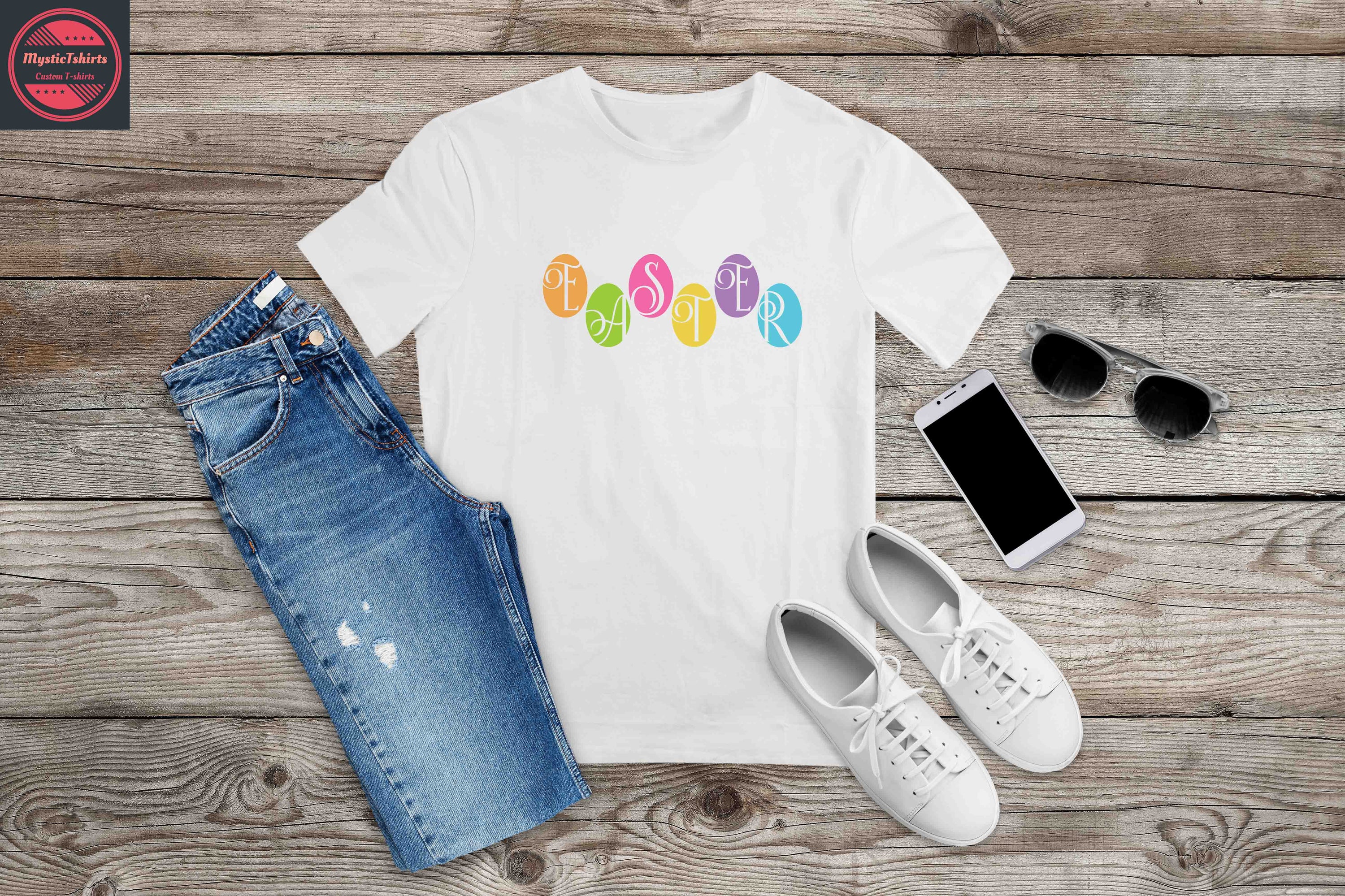 Custom made Easter on Eggs shirt featuring vibrant colors and personalized design, perfect for celebrating the holiday.