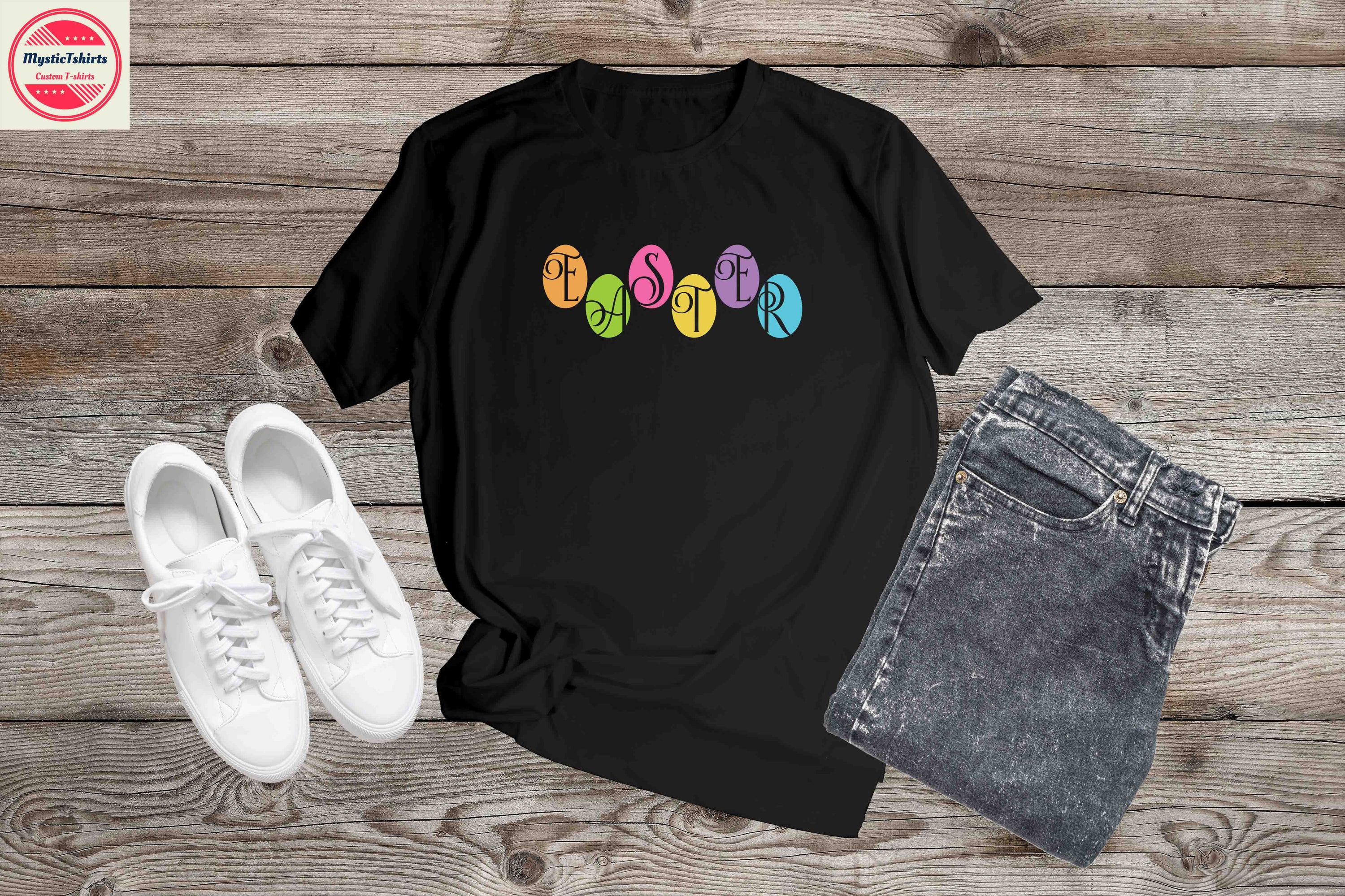 Custom made Easter on Eggs shirt featuring vibrant colors and personalized design, perfect for celebrating the holiday.