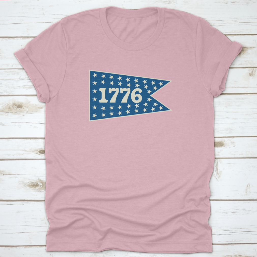 1776 Centennial Banner Pennant shirt featuring a classic fit, made from 100% cotton, ideal for travel and celebrating American history.