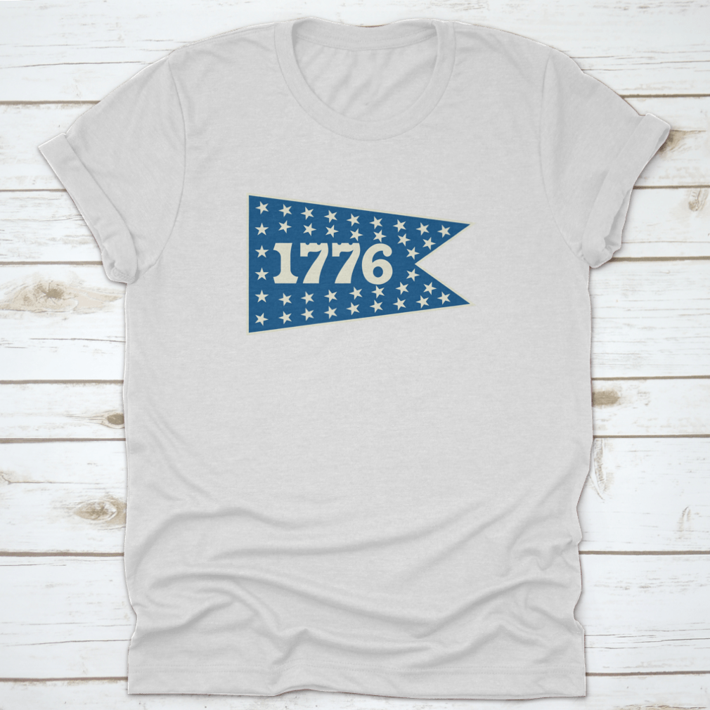 1776 Centennial Banner Pennant shirt featuring a classic fit, made from 100% cotton, ideal for travel and celebrating American history.