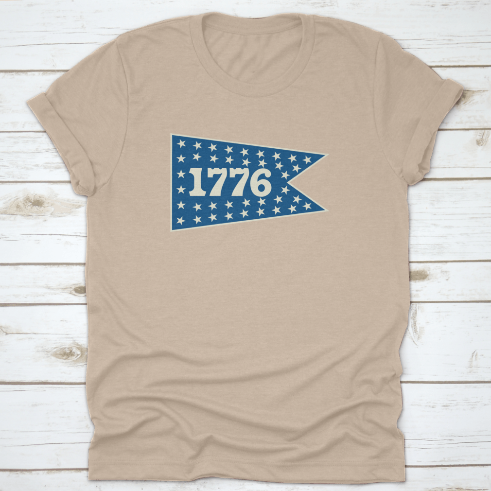 1776 Centennial Banner Pennant shirt featuring a classic fit, made from 100% cotton, ideal for travel and celebrating American history.