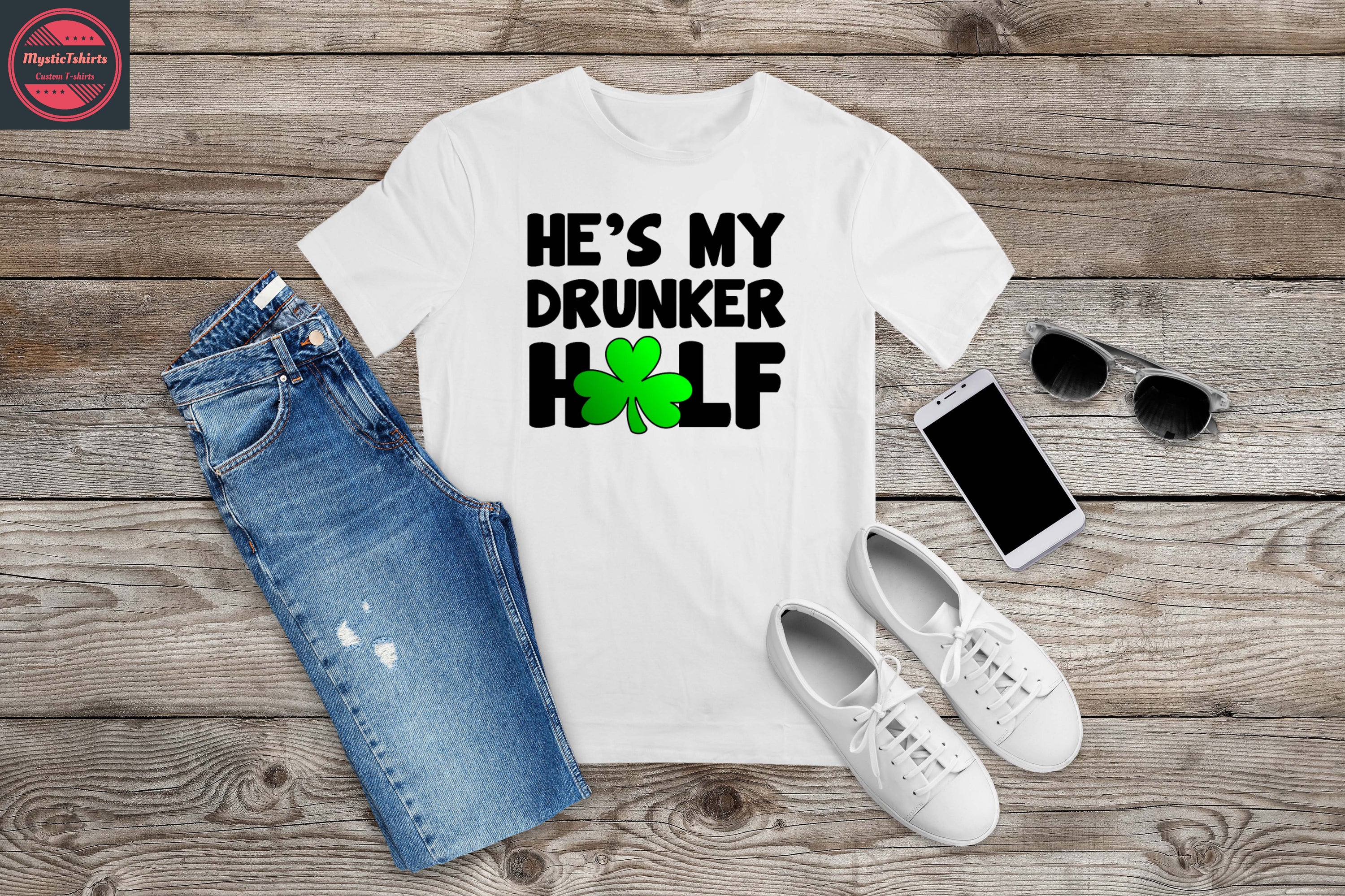 Custom made 'HE'S MY DRUNKER HALF' T-shirt featuring vibrant print and high-quality fabric, perfect for personalized gifts.