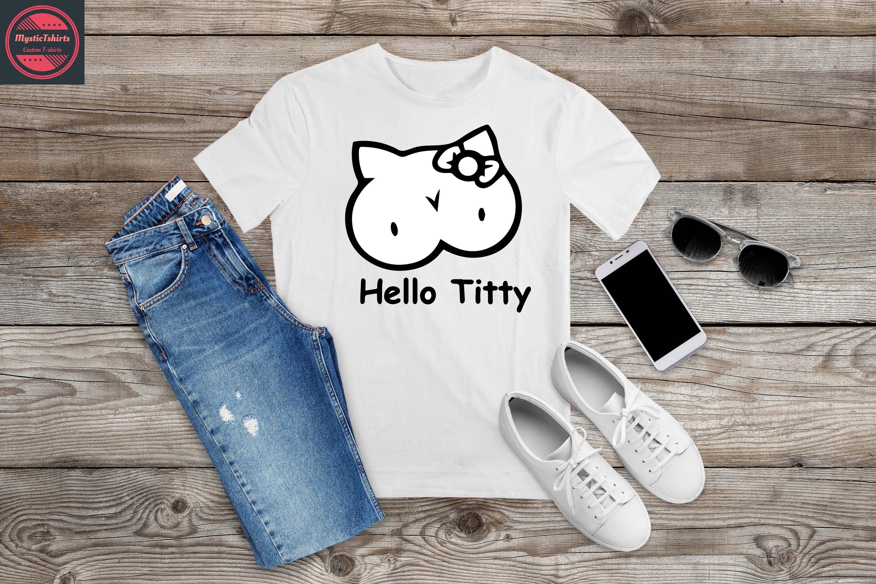 Custom 195. HELLO TITTY T-shirt featuring personalized design options, high-quality fabric, and eco-friendly printing.