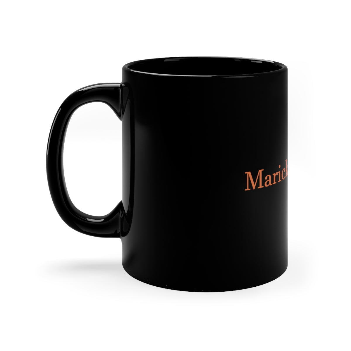 An 11oz black ceramic mug with a C-handle, perfect for coffee, tea, or hot chocolate, showcasing customizable design options.