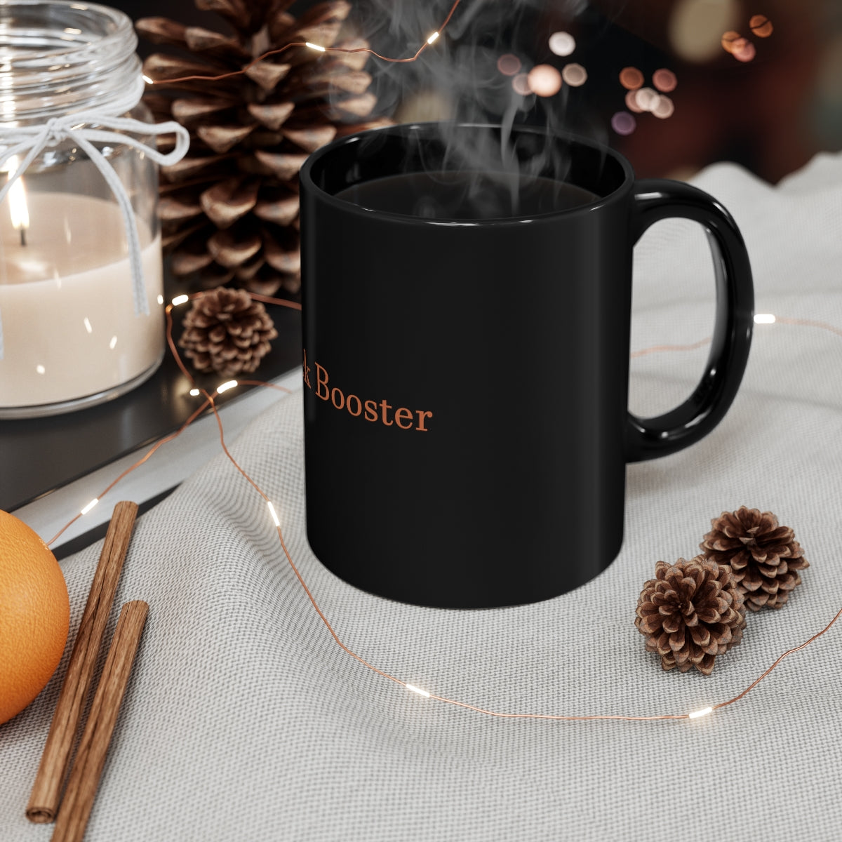 An 11oz black ceramic mug with a C-handle, perfect for coffee, tea, or hot chocolate, showcasing customizable design options.