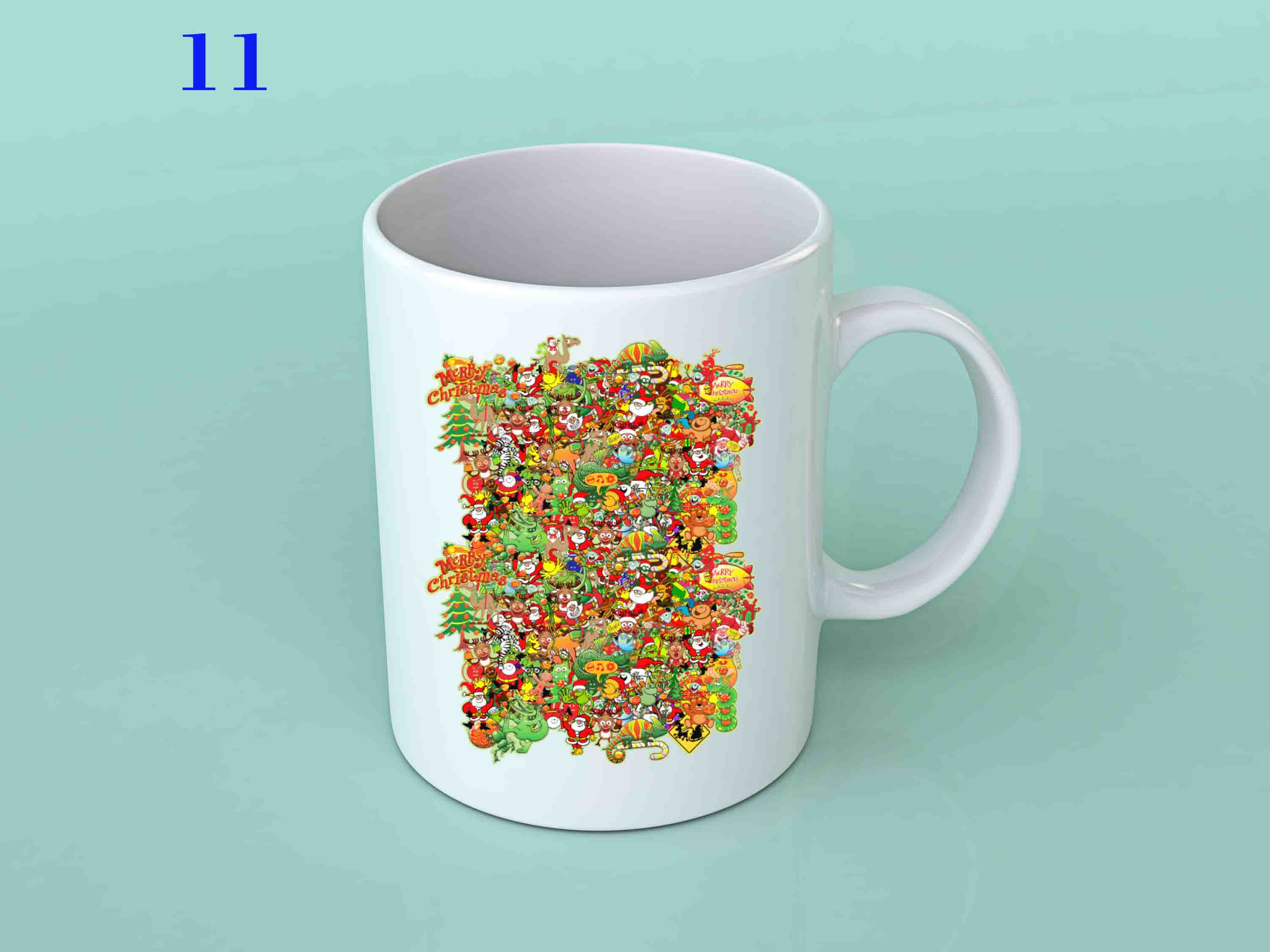 A festive 11oz Christmas Mug featuring holiday-themed designs, perfect for seasonal beverages.