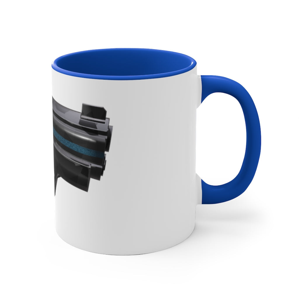 22 Calibur 11oz Accent Mug featuring a white ceramic body with colorful interior and handle, perfect for personalized designs.