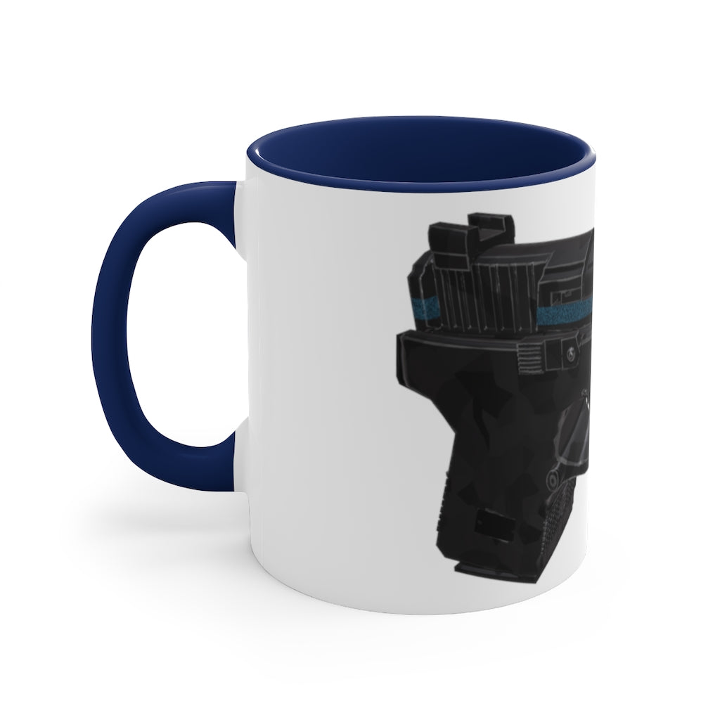 A stylish 22 Calibur Accent Coffee Mug with a white exterior and colorful interior, featuring a comfortable C-handle.