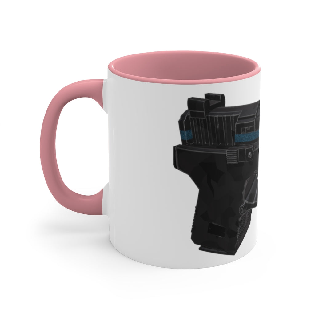 A stylish 22 Calibur Accent Coffee Mug with a white exterior and colorful interior, featuring a comfortable C-handle.