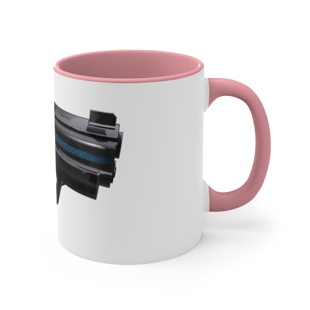 A stylish 22 Calibur Accent Coffee Mug with a white exterior and colorful interior, featuring a comfortable C-handle.