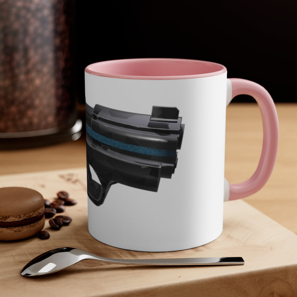 A stylish 22 Calibur Accent Coffee Mug with a white exterior and colorful interior, featuring a comfortable C-handle.