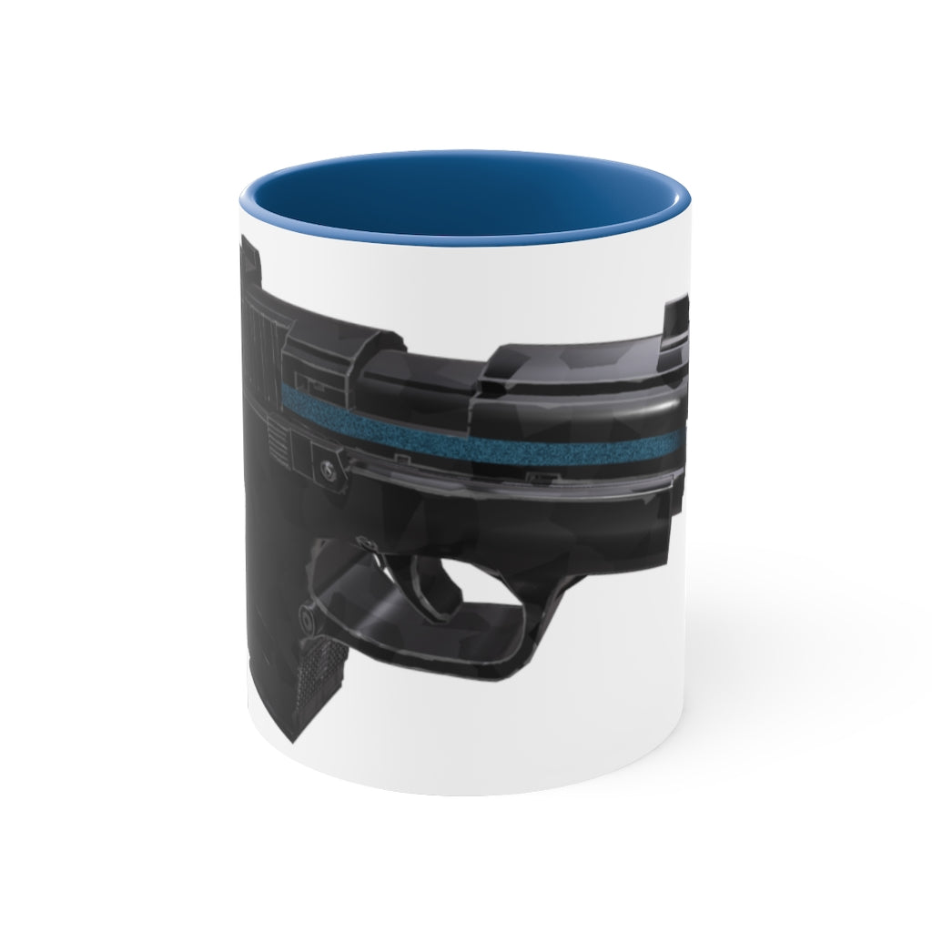 A stylish 22 Calibur Accent Coffee Mug with a white exterior and colorful interior, featuring a comfortable C-handle.