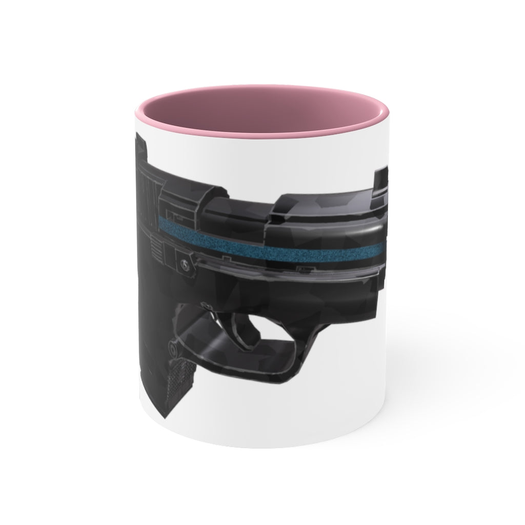 A stylish 22 Calibur Accent Coffee Mug with a white exterior and colorful interior, featuring a comfortable C-handle.