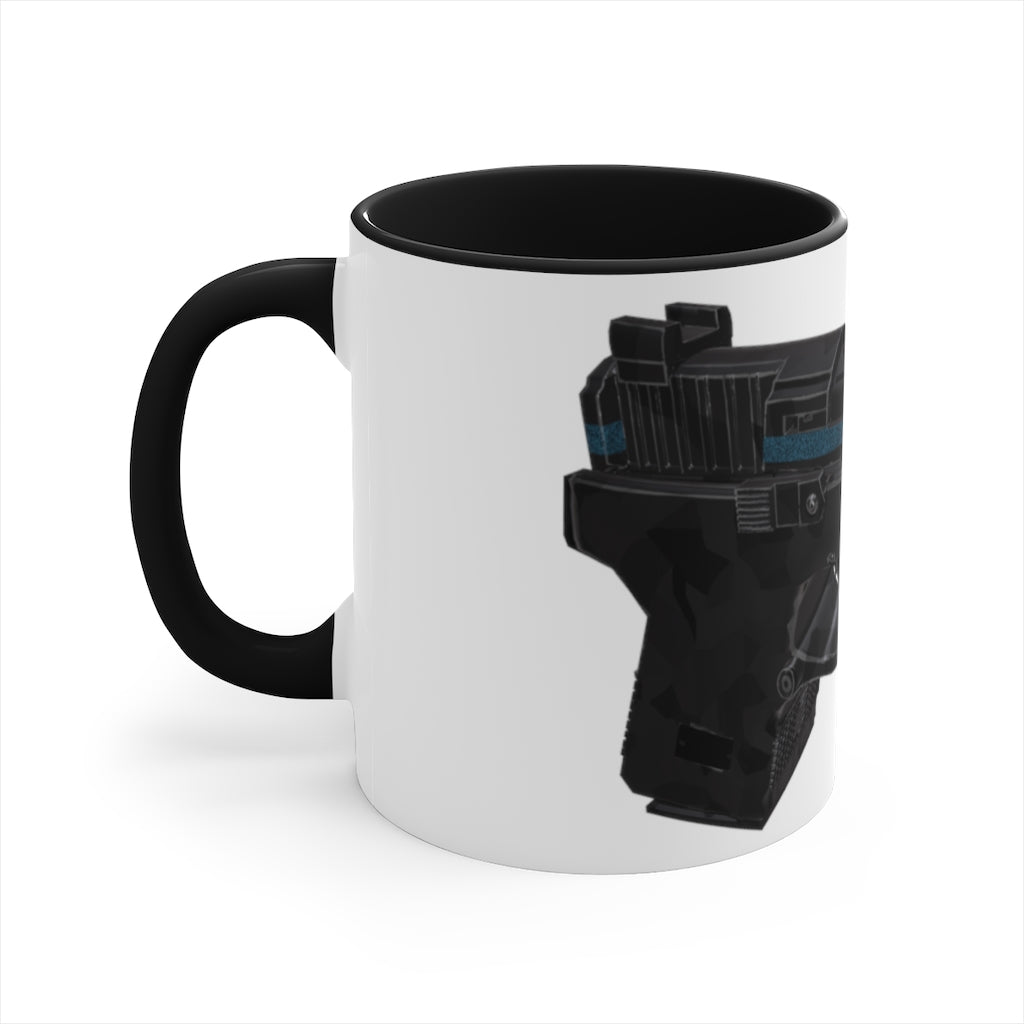 A stylish 22 Calibur Accent Coffee Mug with a white exterior and colorful interior, featuring a comfortable C-handle.