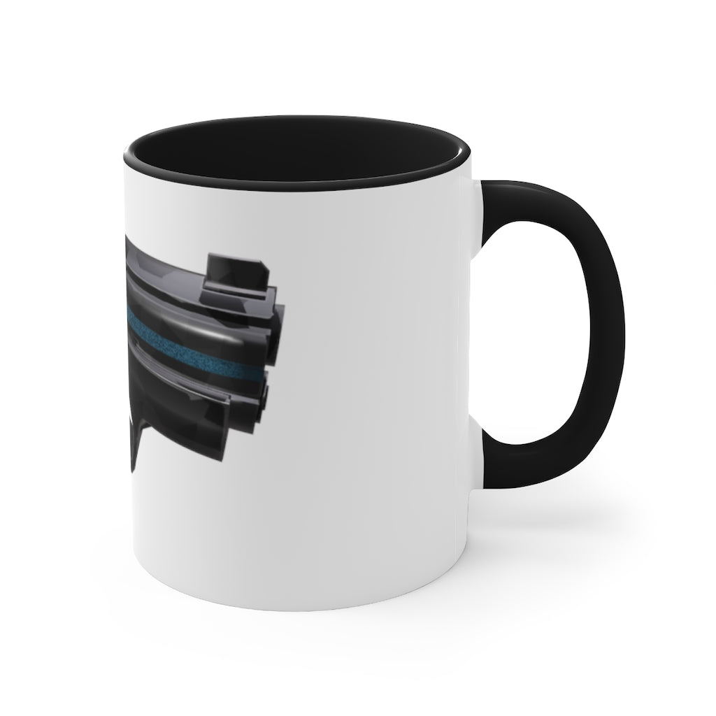 A stylish 22 Calibur Accent Coffee Mug with a white exterior and colorful interior, featuring a comfortable C-handle.