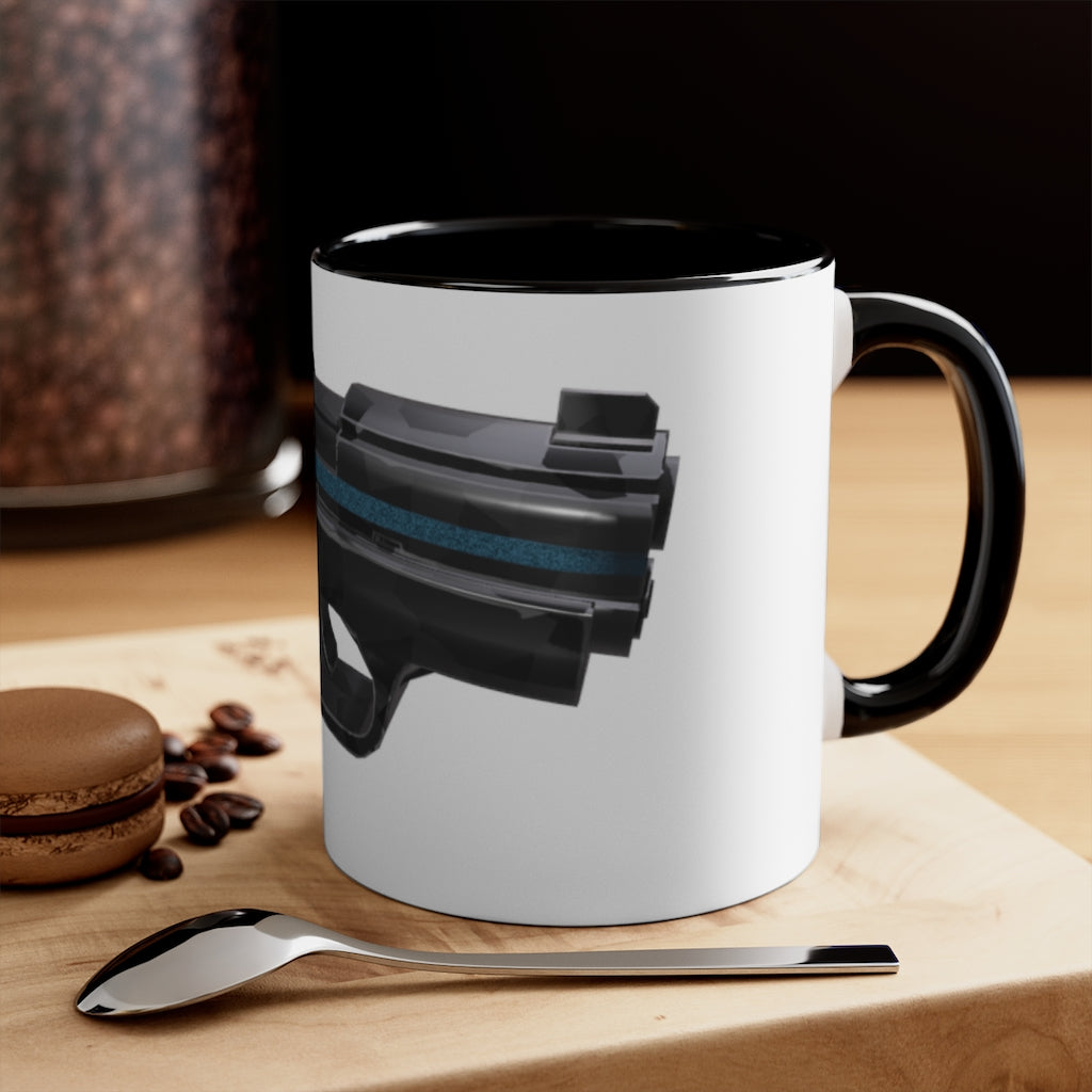 A stylish 22 Calibur Accent Coffee Mug with a white exterior and colorful interior, featuring a comfortable C-handle.