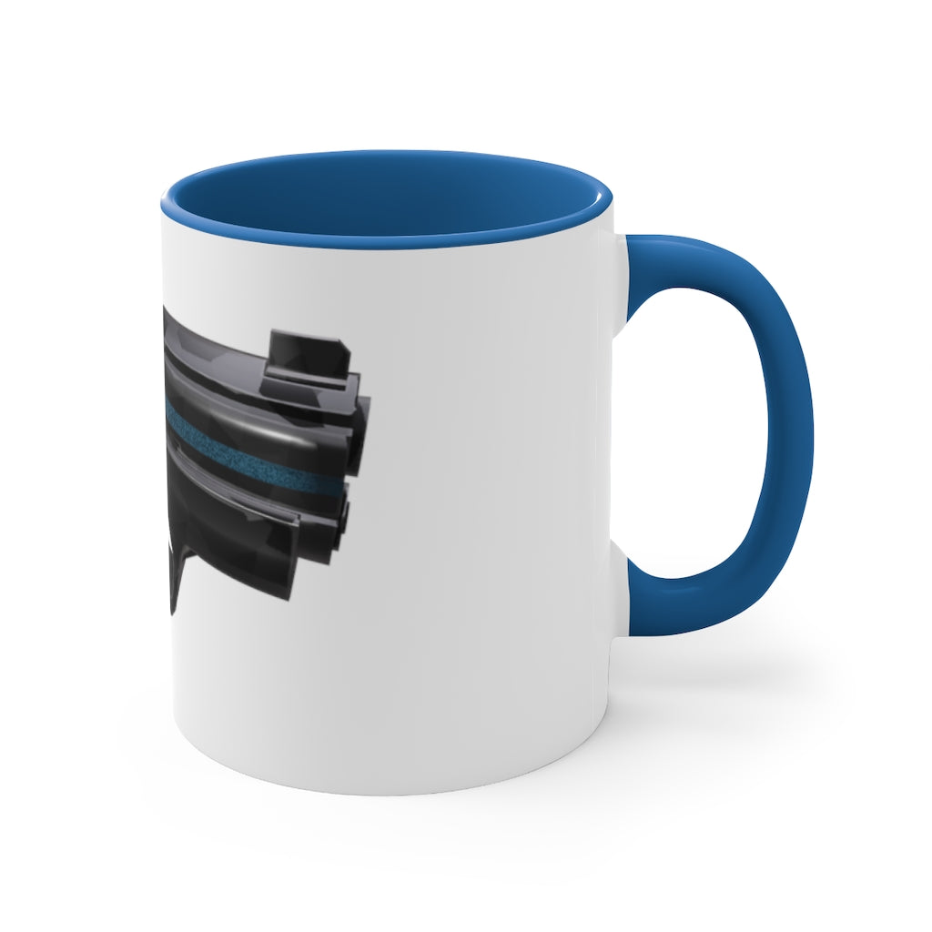 A stylish 22 Calibur Accent Coffee Mug with a white exterior and colorful interior, featuring a comfortable C-handle.