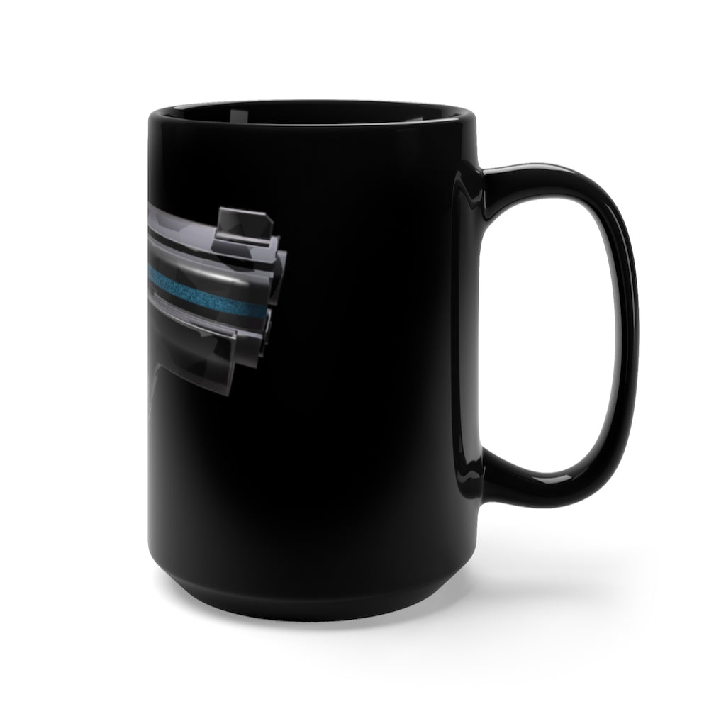 A stylish 22 Calibur Black Mug, 15oz ceramic with rounded corners and a comfortable C-handle, perfect for coffee and tea lovers.