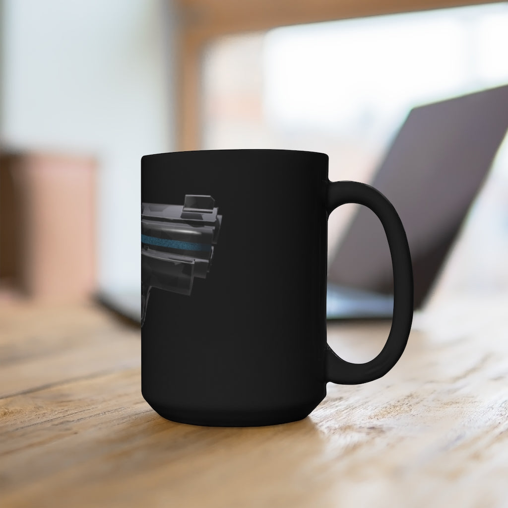 A stylish 22 Calibur Black Mug, 15oz ceramic with rounded corners and a comfortable C-handle, perfect for coffee and tea lovers.