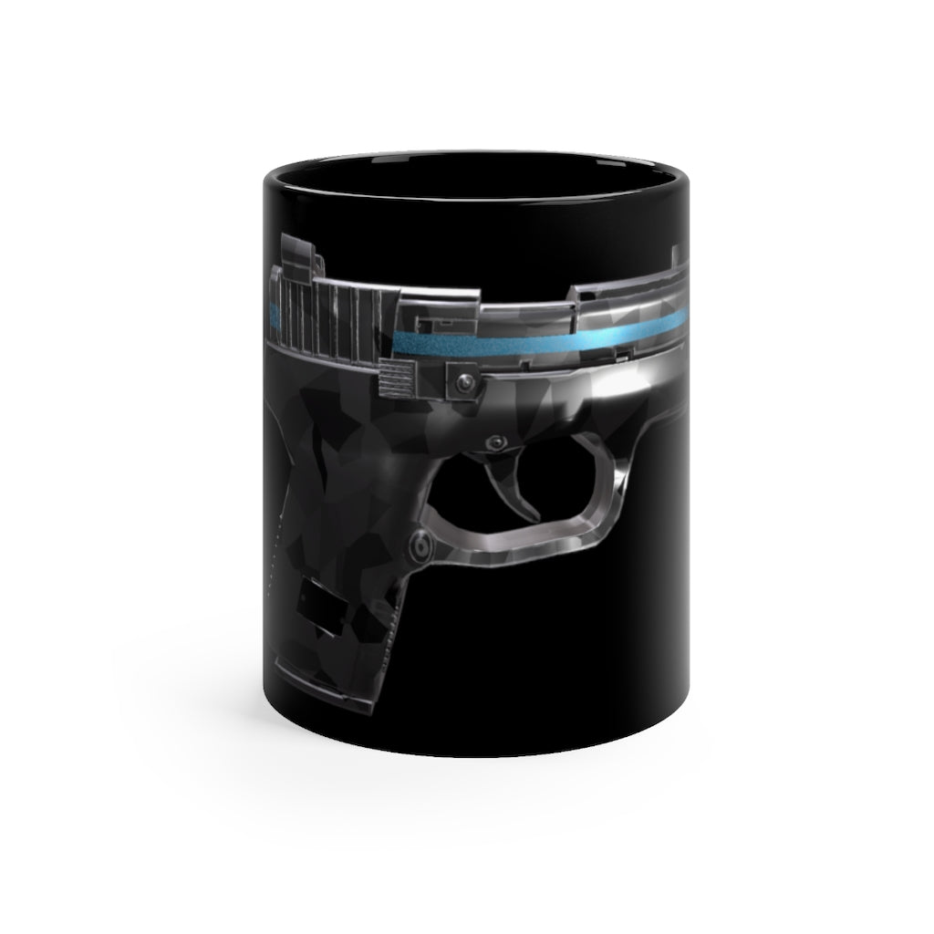 A sleek 22 Calibur Black mug, 11oz capacity, featuring a full-wrap design and comfortable C-handle, perfect for coffee or tea.