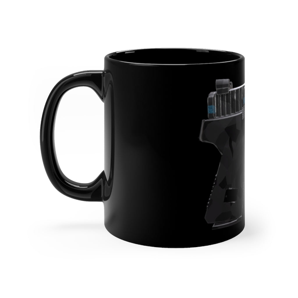 A sleek 22 Calibur Black mug, 11oz capacity, featuring a full-wrap design and comfortable C-handle, perfect for coffee or tea.