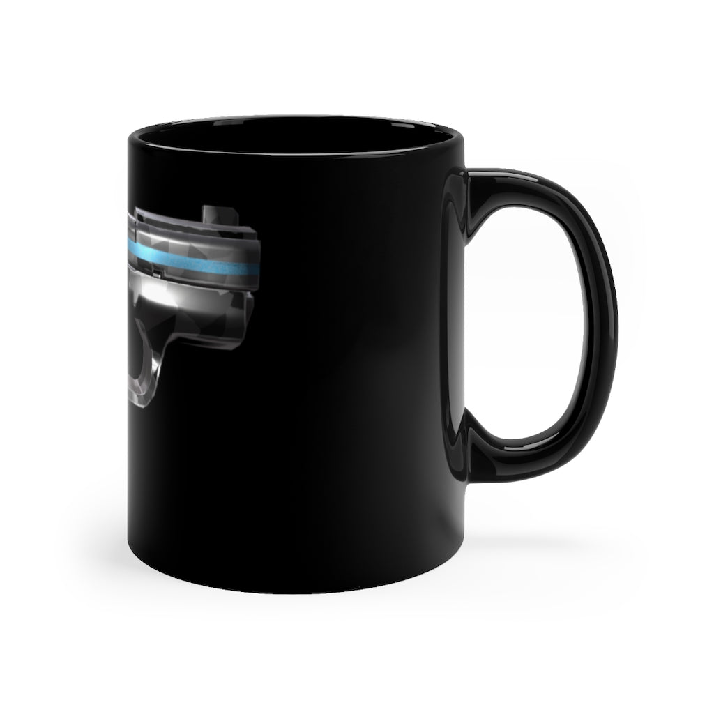 A sleek 22 Calibur Black mug, 11oz capacity, featuring a full-wrap design and comfortable C-handle, perfect for coffee or tea.