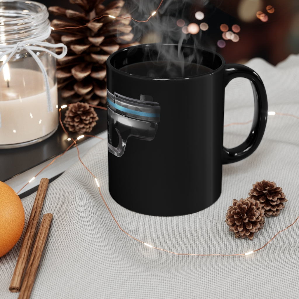 A sleek 22 Calibur Black mug, 11oz capacity, featuring a full-wrap design and comfortable C-handle, perfect for coffee or tea.