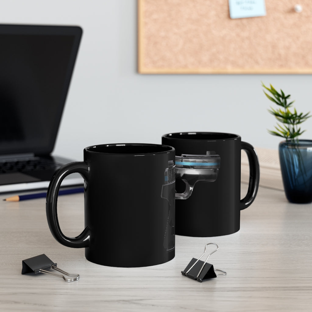 A sleek 22 Calibur Black mug, 11oz capacity, featuring a full-wrap design and comfortable C-handle, perfect for coffee or tea.