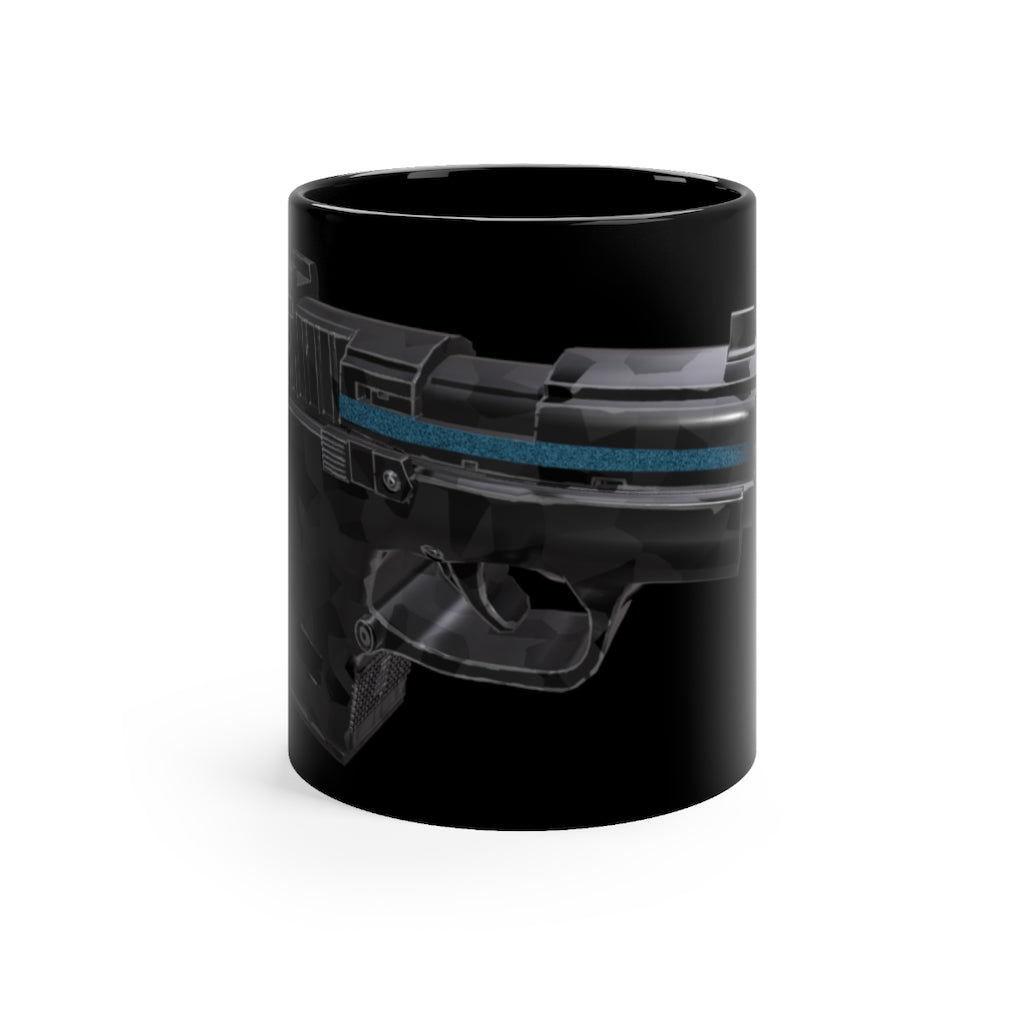 A sleek 22 Calibur Black mug with a glossy finish, featuring a C-handle and rounded corners, perfect for coffee or tea.