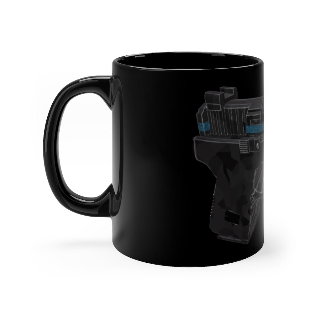 A sleek 22 Calibur Black mug with a glossy finish, featuring a C-handle and rounded corners, perfect for coffee or tea.