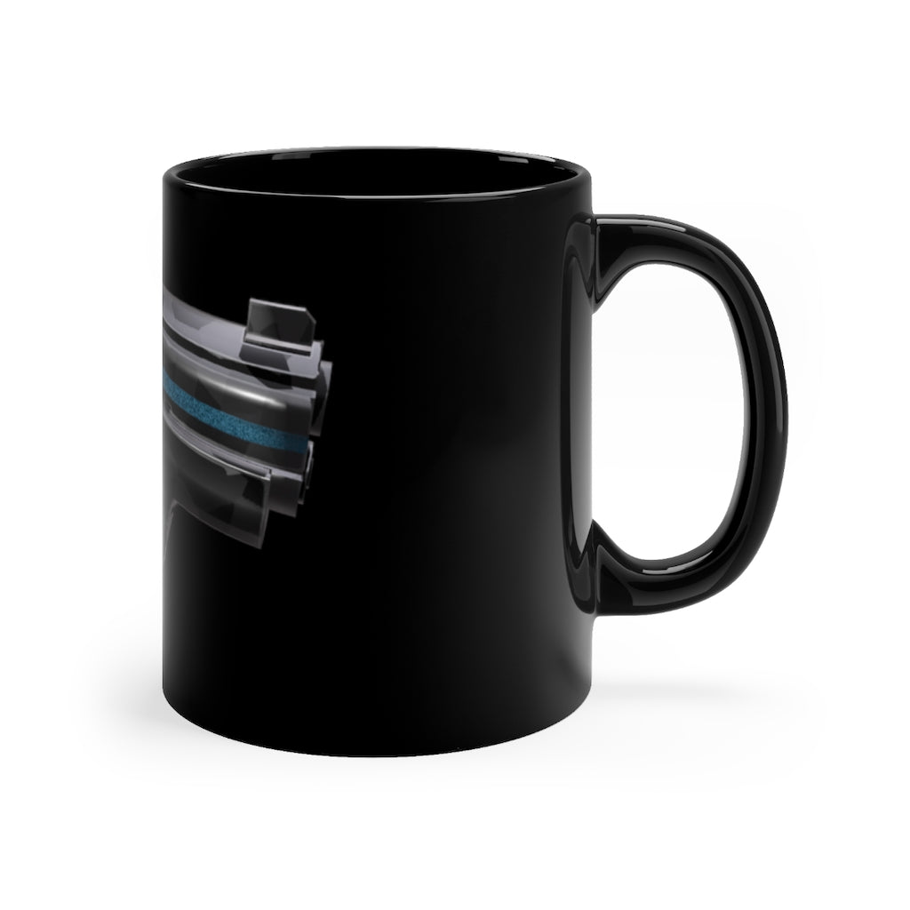 A sleek 22 Calibur Black mug with a glossy finish, featuring a C-handle and rounded corners, perfect for coffee or tea.