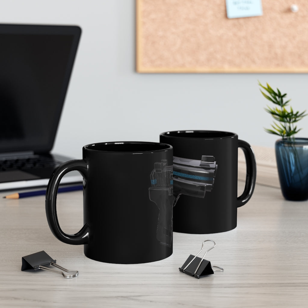 A sleek 22 Calibur Black mug with a glossy finish, featuring a C-handle and rounded corners, perfect for coffee or tea.