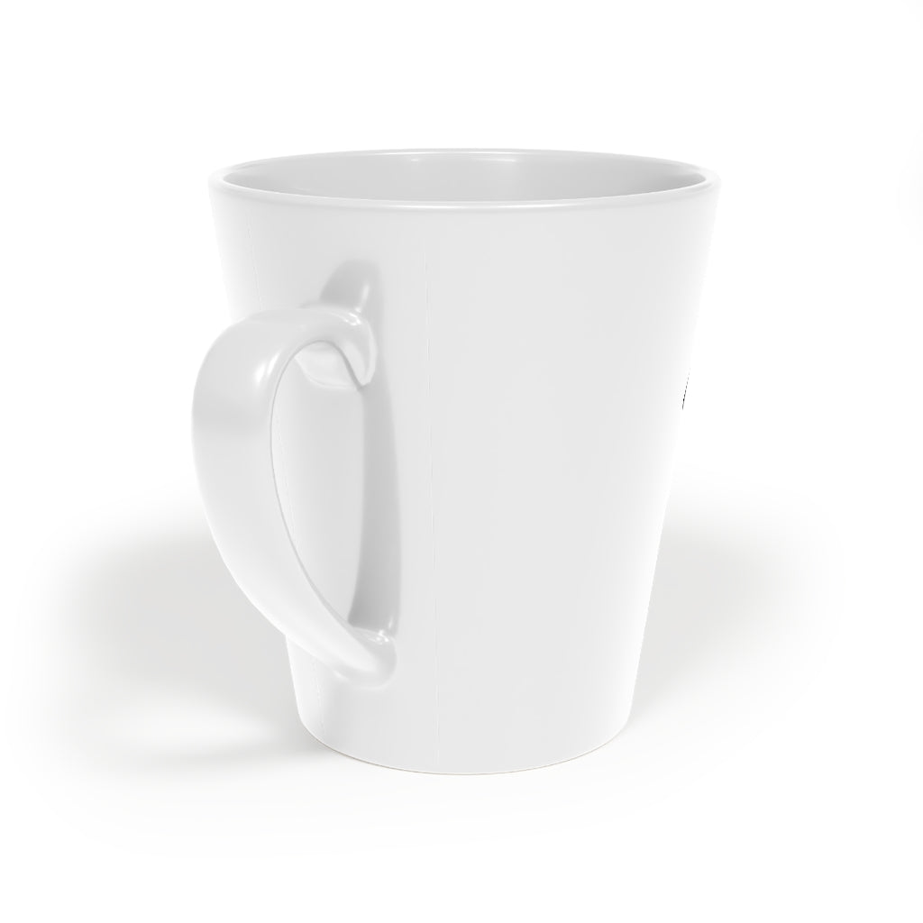 A stylish 22 Calibur Latte Mug, 12oz, made of durable white ceramic with a scratch-resistant finish and an easy-grip C-shaped handle.