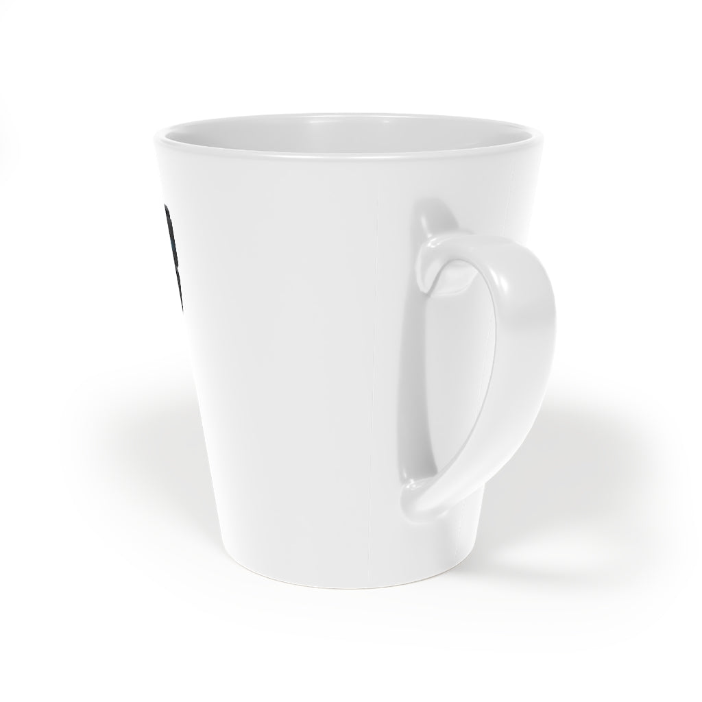 A stylish 22 Calibur Latte Mug, 12oz, made of durable white ceramic with a scratch-resistant finish and an easy-grip C-shaped handle.