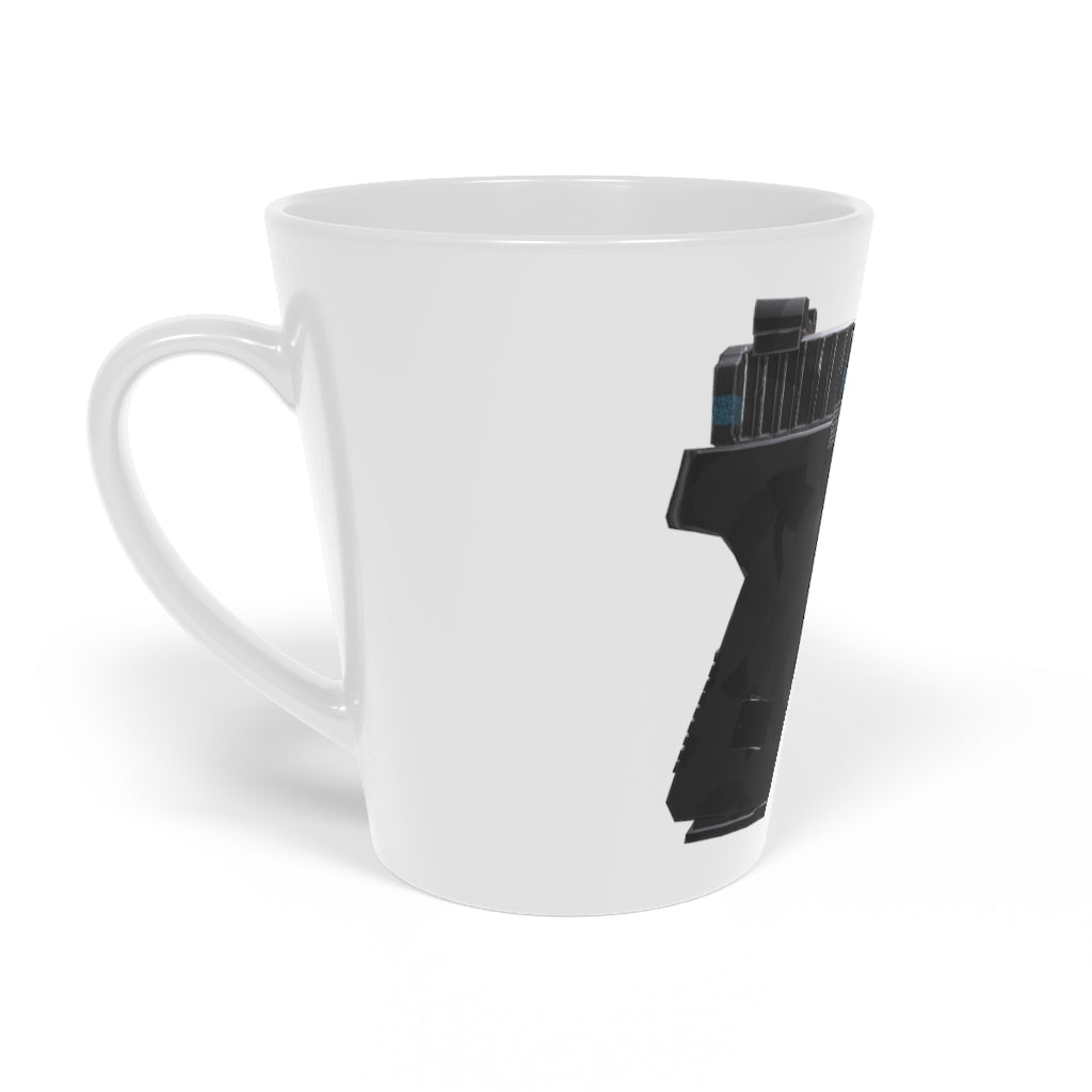 A stylish 22 Calibur Latte Mug, 12oz, made of durable white ceramic with a scratch-resistant finish and an easy-grip C-shaped handle.