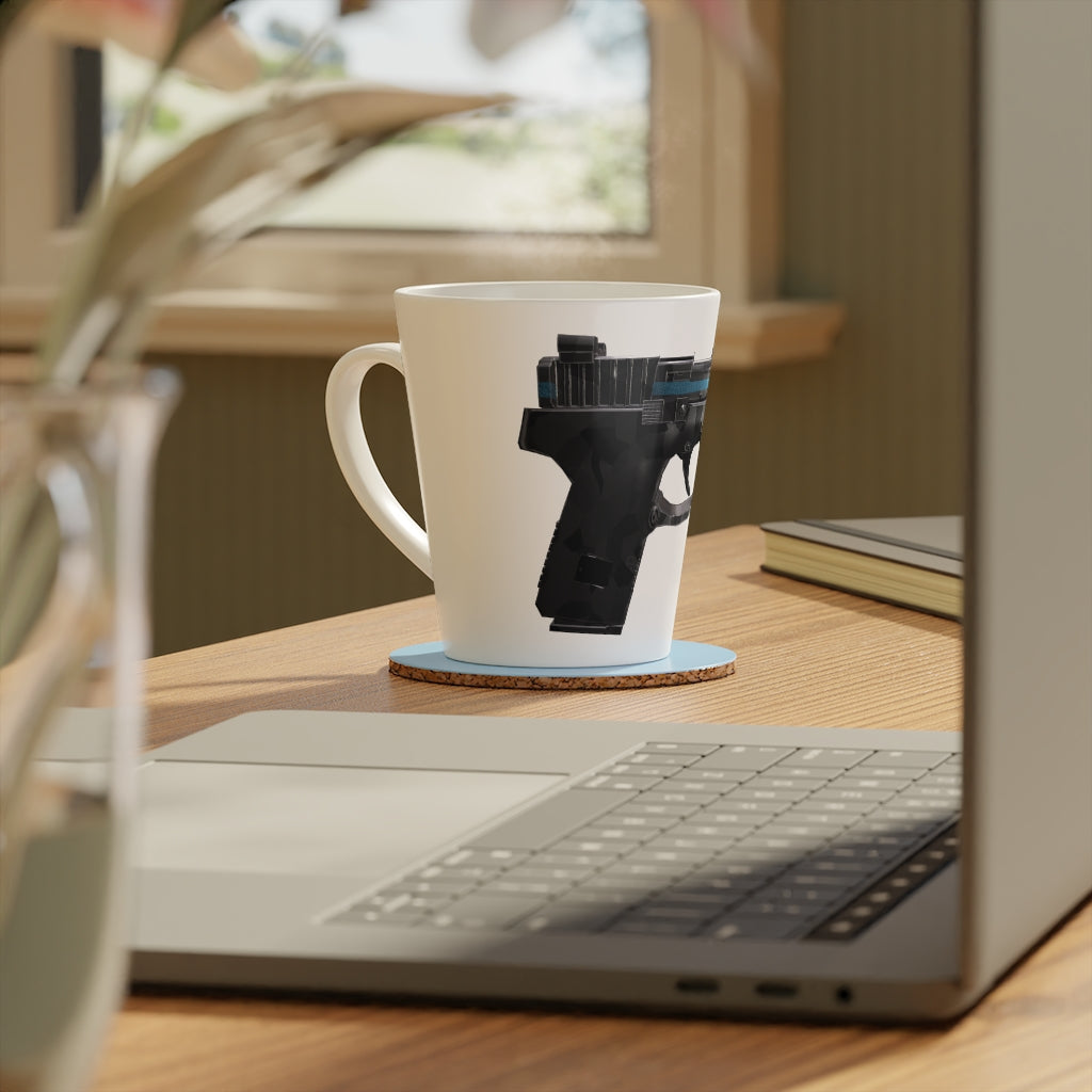 A stylish 22 Calibur Latte Mug, 12oz, made of durable white ceramic with a scratch-resistant finish and an easy-grip C-shaped handle.